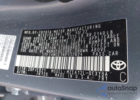 2022 Toyota Corolla Xse from USA, damaged, VIN 5YFT4MCE1NP137624